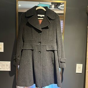 Charcoal Gray Kenneth Cole Car Coat. Salmon pink lining. Size 8
